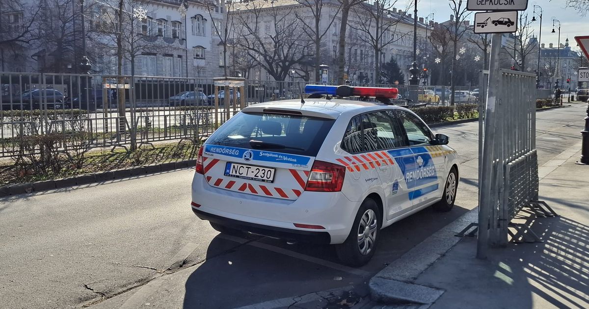 Rendőrautó az utcán, nappali fényben.