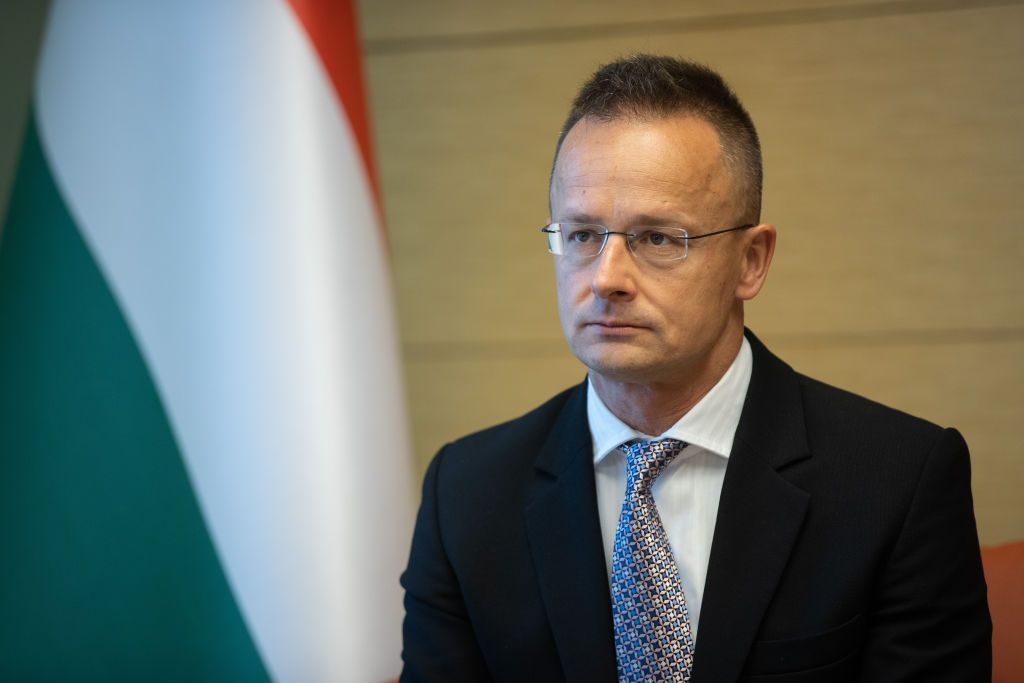 Férfi öltönyben, szemüvegben, a magyar zászló előtt.