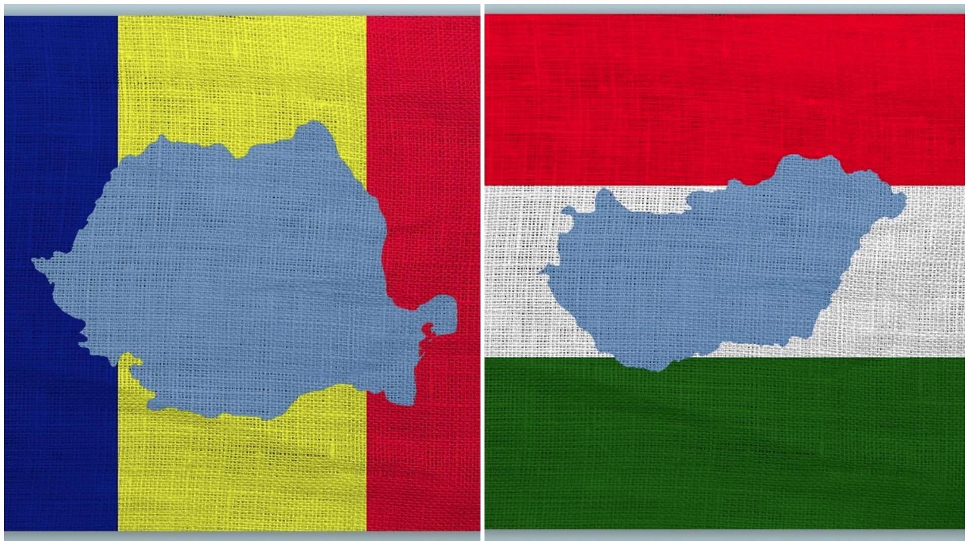 Románia és Magyarország zászlói, rájuk vetítve az országok térképe.